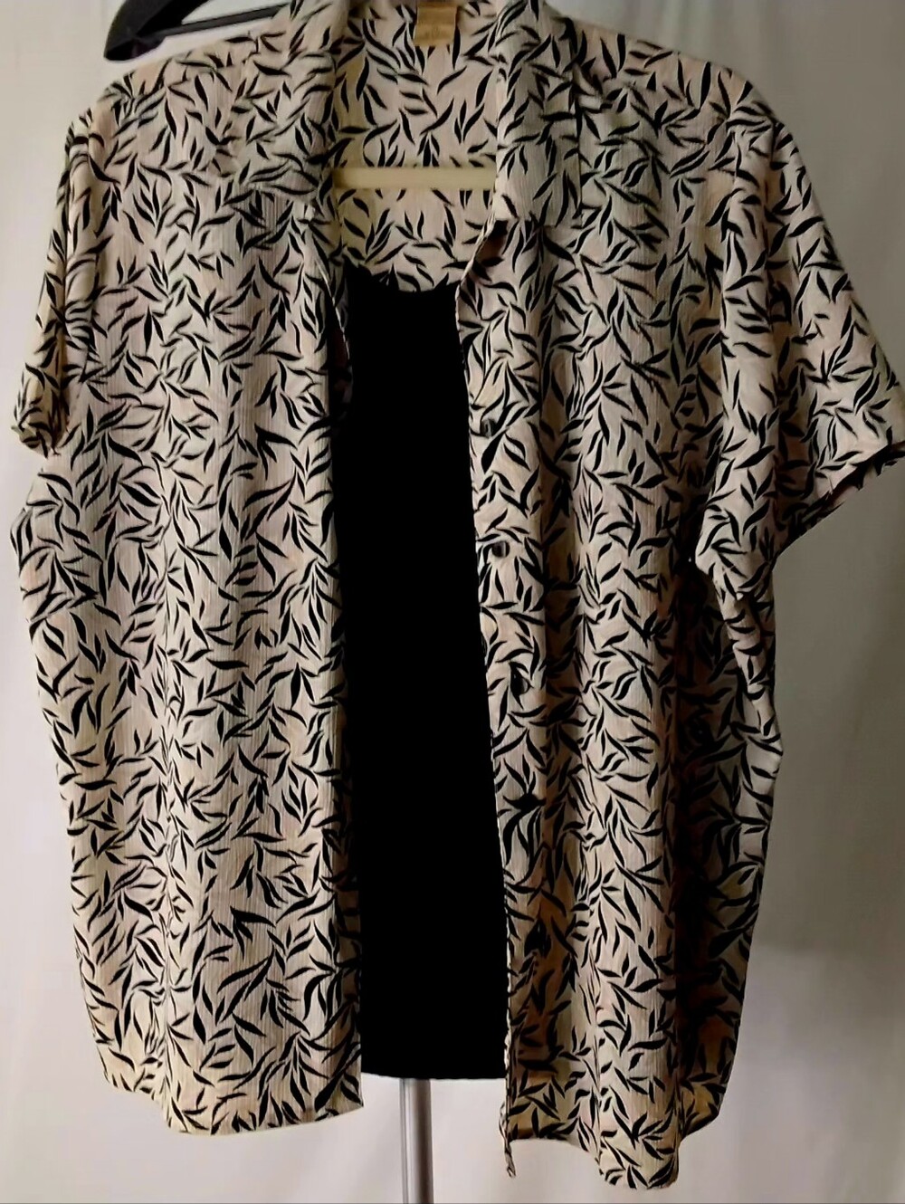 Notations Brand. Short Sleeve Beige Shirt with Black Leaf Print, Black Underlay